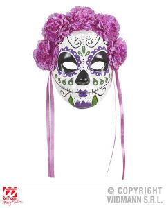 WIDMANN - MASCHERA MEZZO VISO DIA DE LOS MUERTOS DECORATA CON ROSE VIOLA E NASTRI
