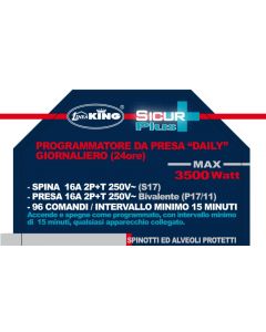 LOTTI - Programmatore da presa giornaliero (24 ore), 96 Comandi / Intervallo minimo 15 minuti, Spina 16A 2P+T 250V (S17), Presa 16A 2P+T 250V Bivalente (P17/11), Confezione Busta con cartoncino (Art. TP 3001)